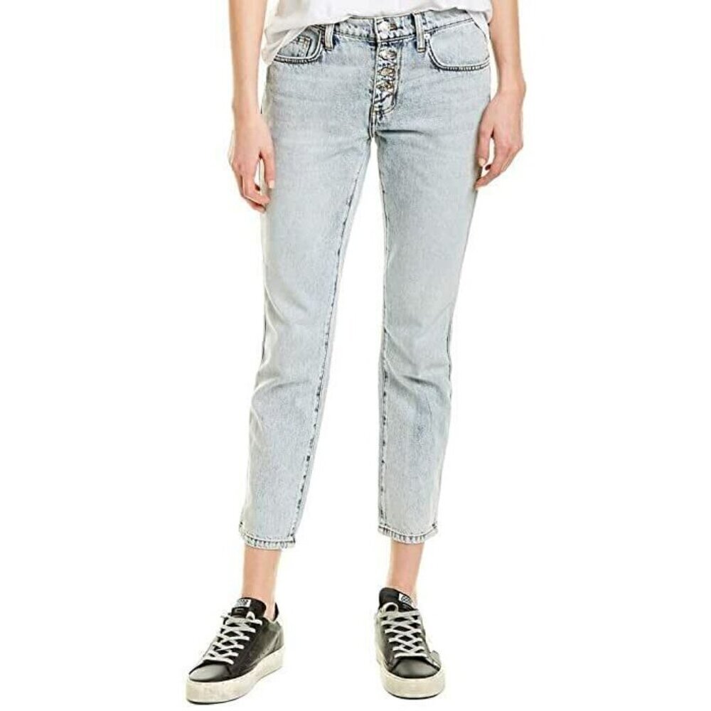 New  Current/Elliott Blue The Zig-Zag Fling Trettin Studs Crop Jeans Size 32
